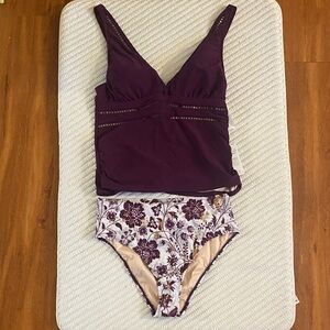 NWT Cupshe Burgundy & White Floral Tankini, Size L